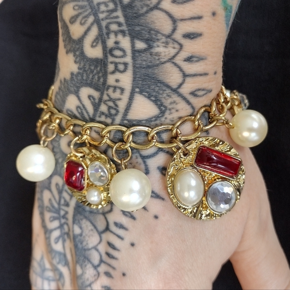 Gold Tone Red Acrylic Charm Bracelet With Faux Pearls